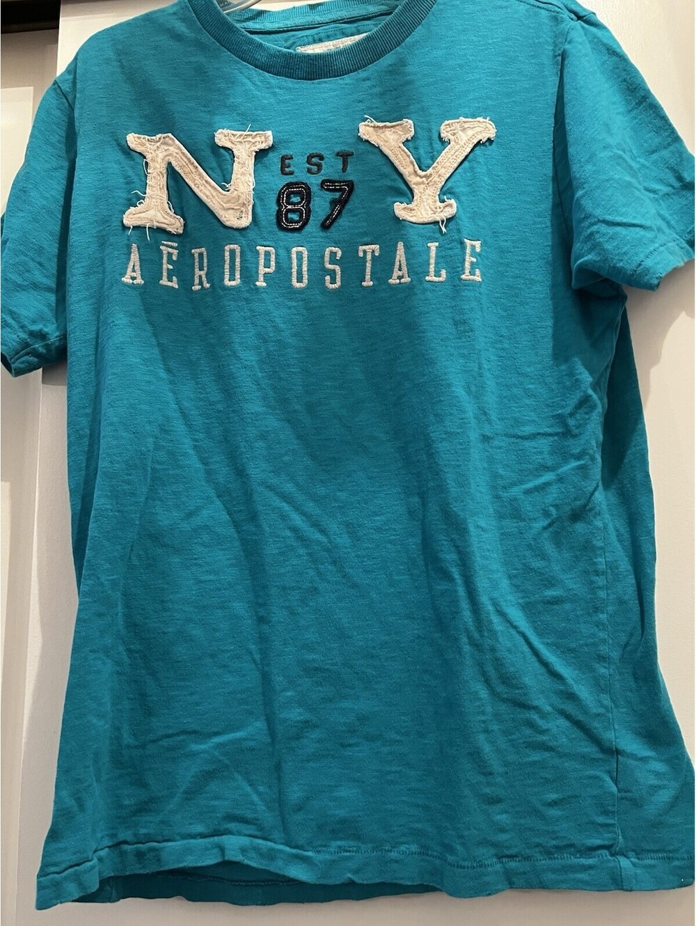 Aeropostale BOYS Large Teal NY EST 87 Graphic Crew Neck Short Sleeve T-Shirt